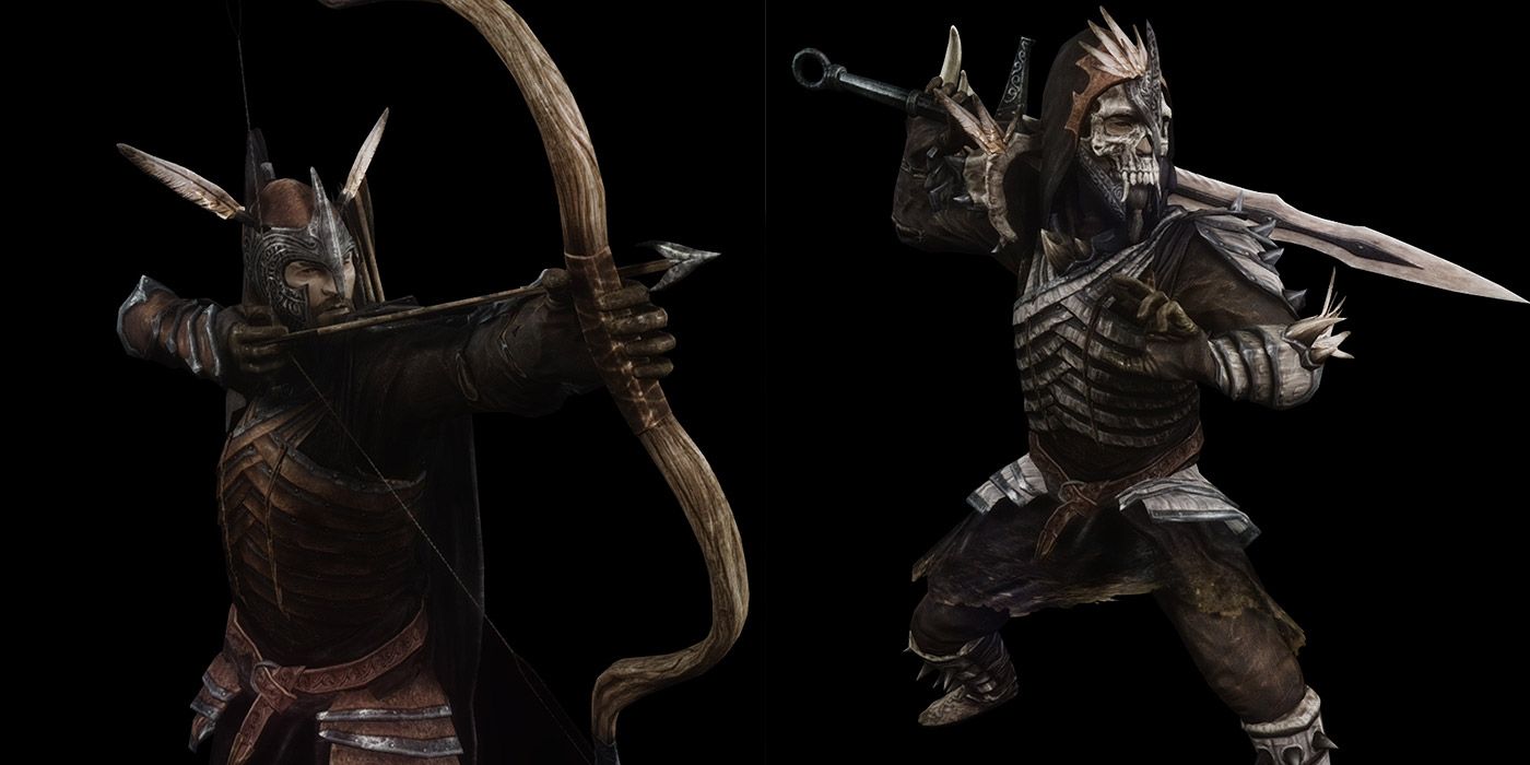 Split image of two warriors in Bosmer armor from Skyrim