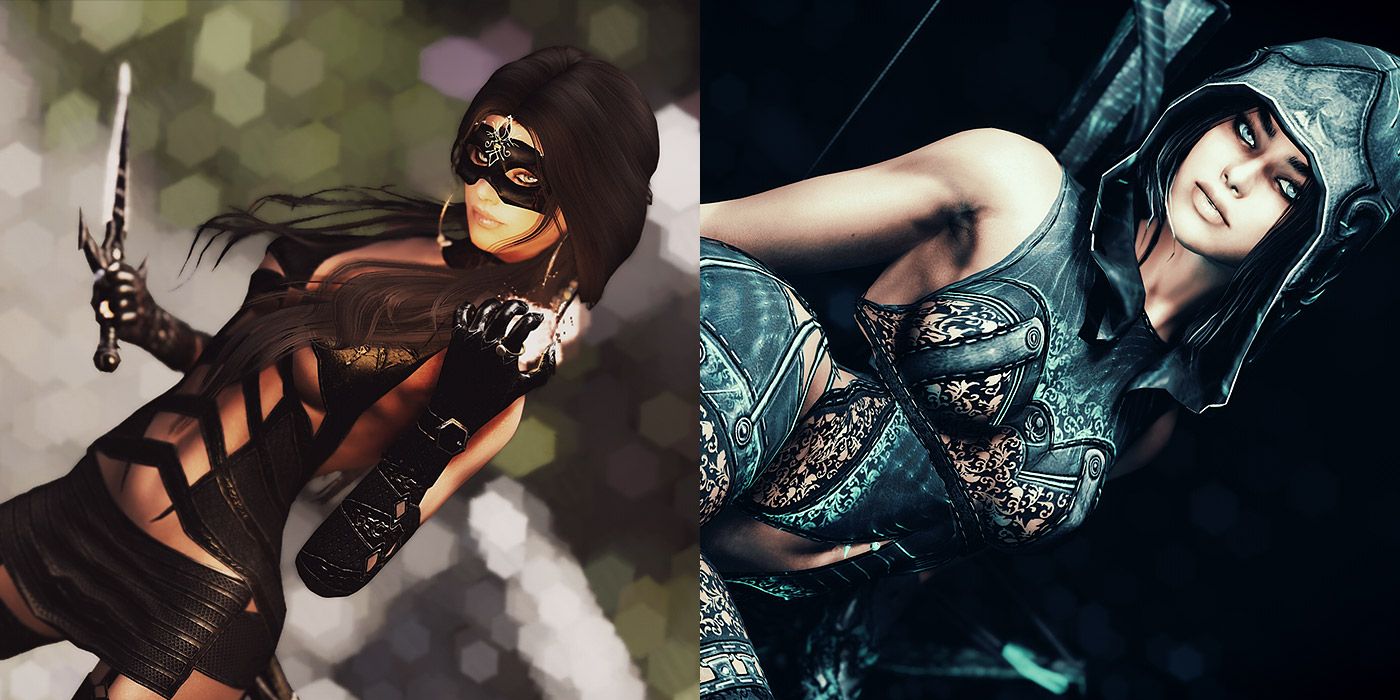 Split image of two women in assassin-style armor in Skyrim