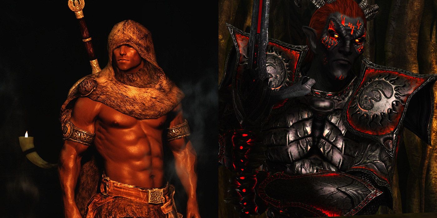 Split image of a barbarian warrior and a daedric warrior in Skyrim