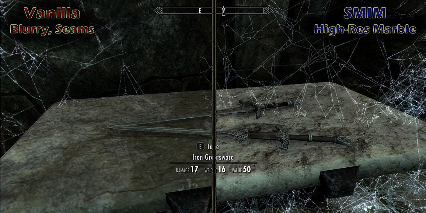 Before/after image of Skyrim&rsquo;s textures with the SMIM mod installed