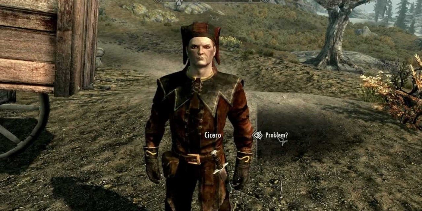 Cicero stands outdoors in Skyrim.