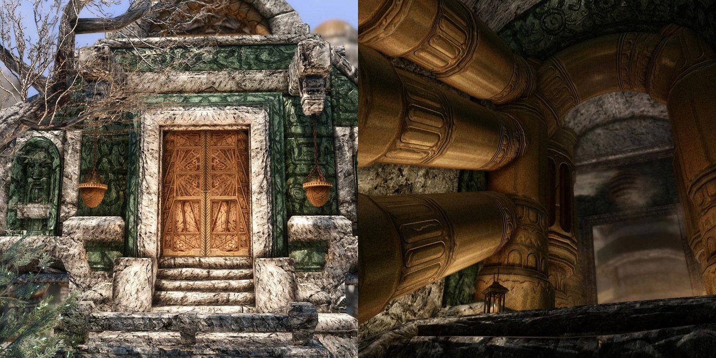 Split image of Markarth city and a Dwemer ruin in Skyrim