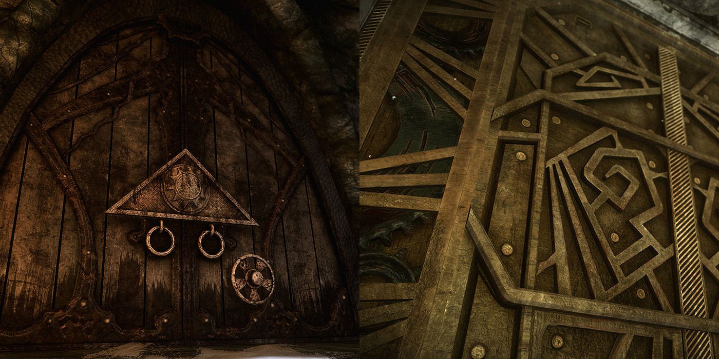 Split image of Bleak Falls Barrow's door, and a Dwemer mechanized door in Skyrim