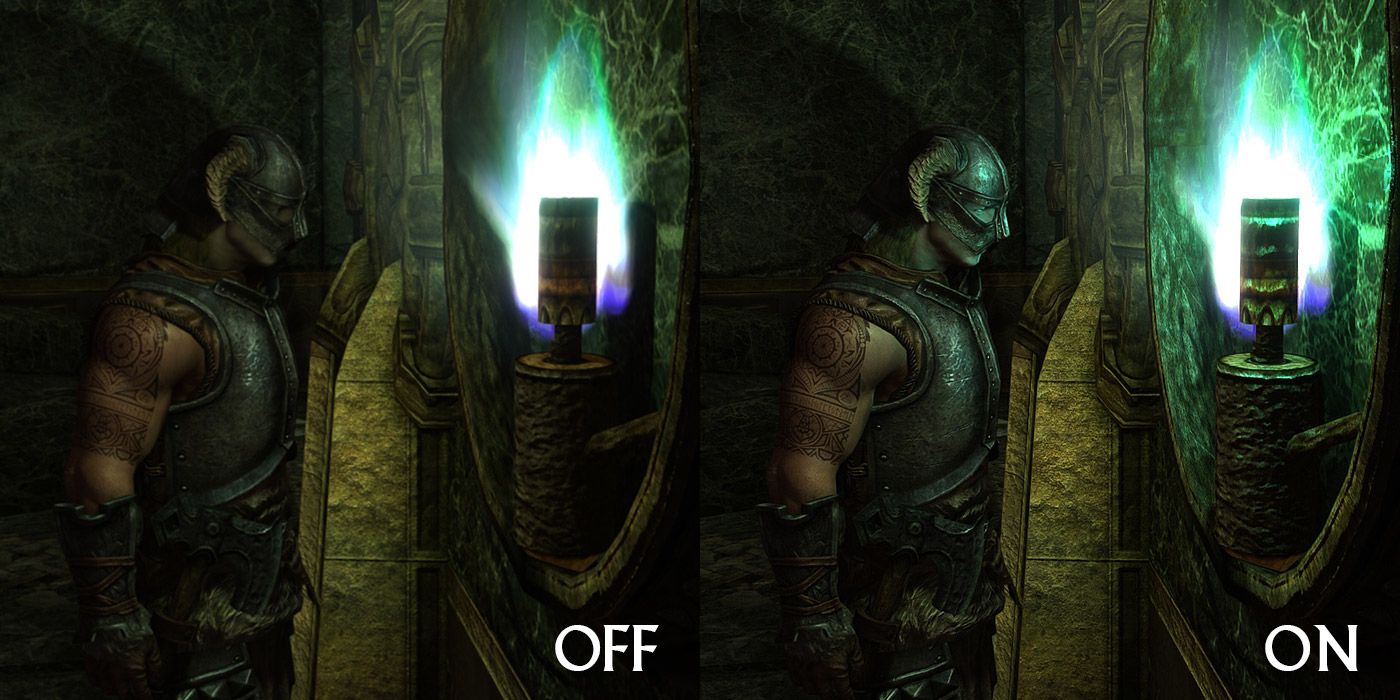 Before/after picture of a Skyrim ENB particle light mod 