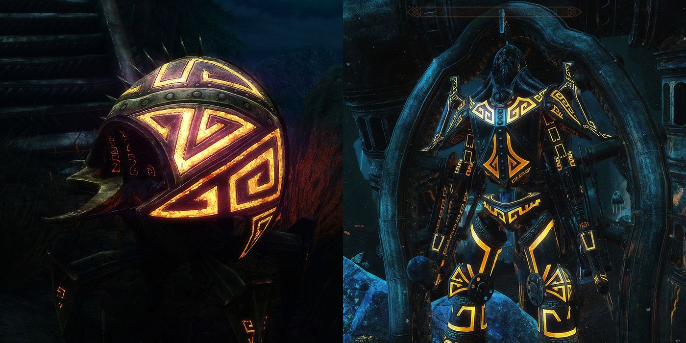 Split image of a Dwemer automaton and a Centurion with glow mapping in Skyrim