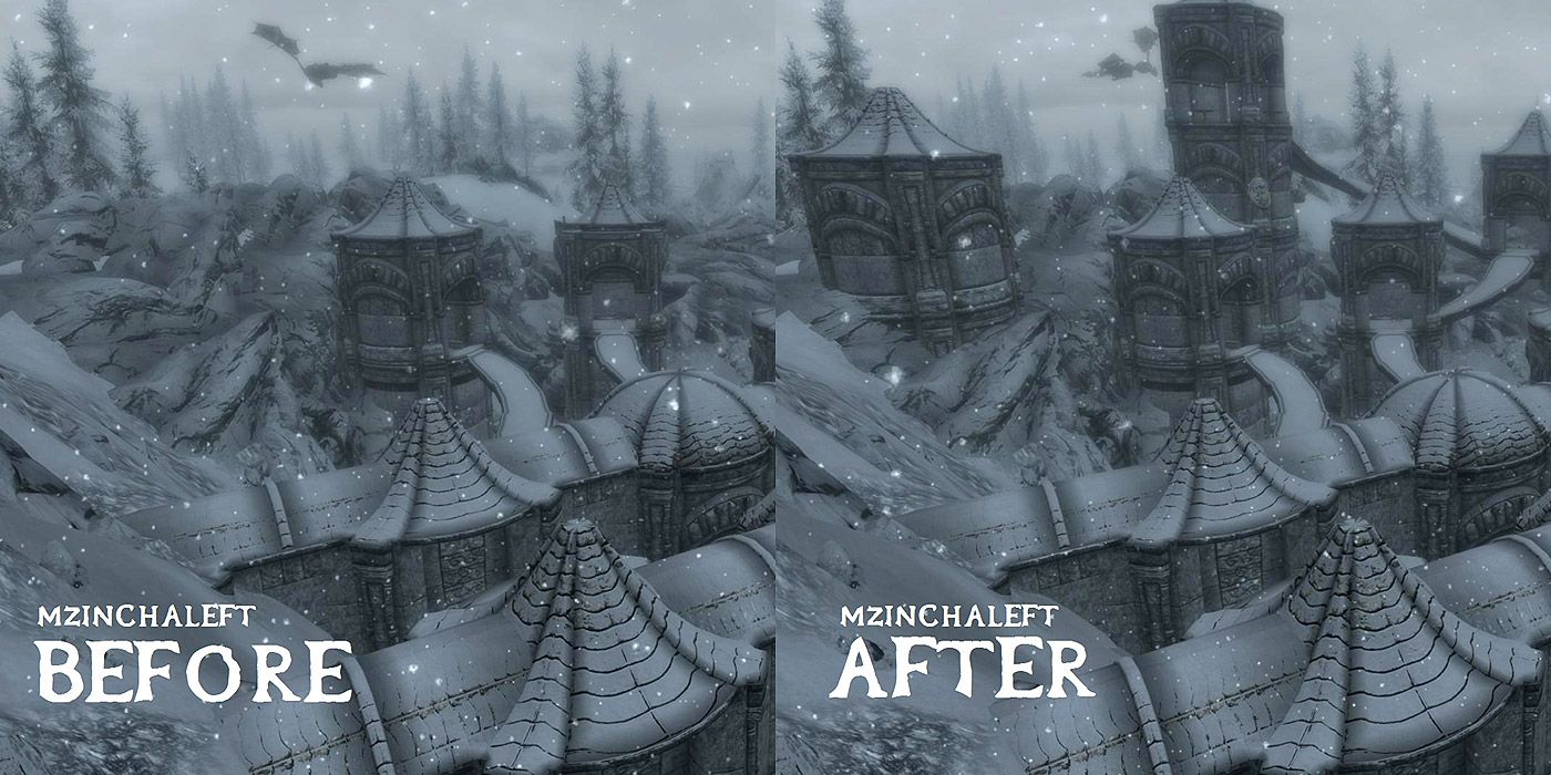 Before/after shot of Dwemer ruins with a Skyrim expansion mod