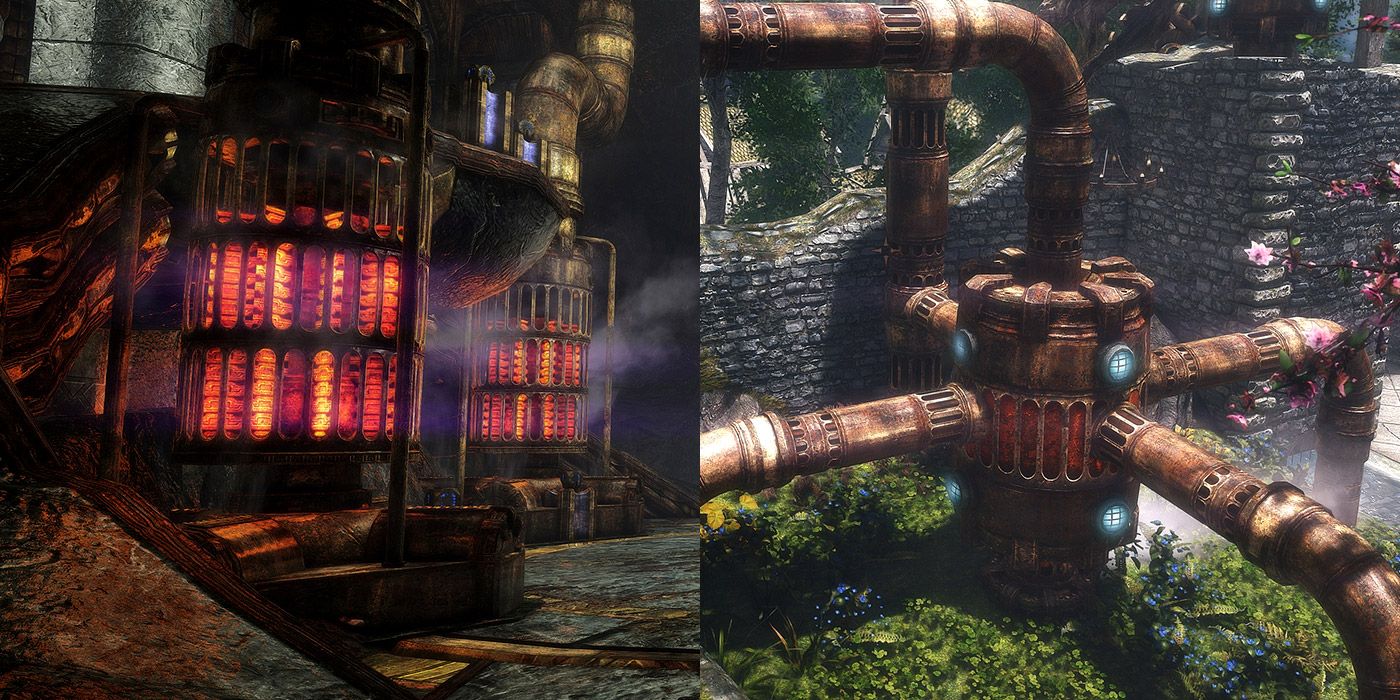 Split image of Dwemer pipework with a mod overhaul in Skyrim