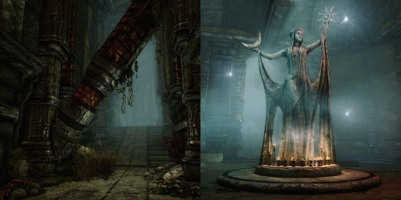 Split image of Dwemer ruins and a statue of Azura in Skyrim