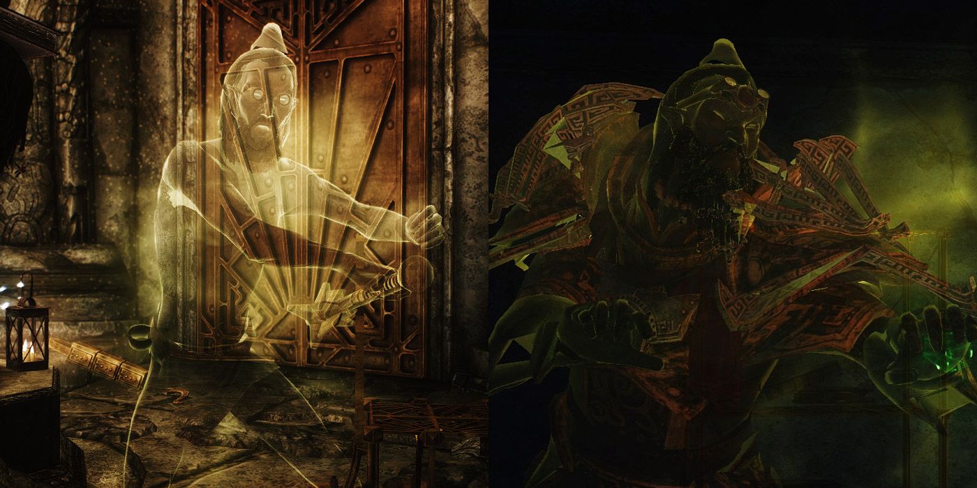 Split image of two Dwemer spectre enemies in Skyrim