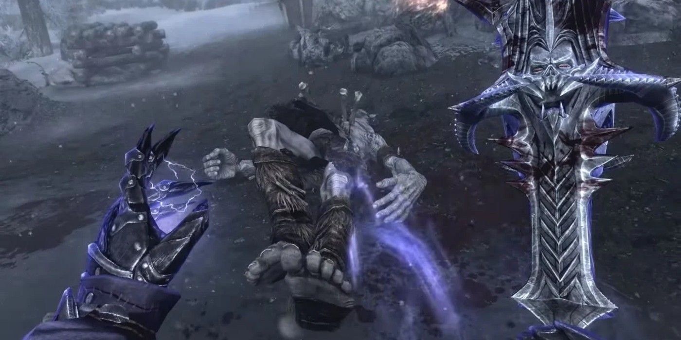A player uses the Mace of Molag to defeat enemies in Skyrim