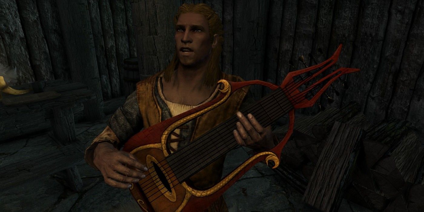 Sven holding a lute and singing a song inside a tavern in Skyrim