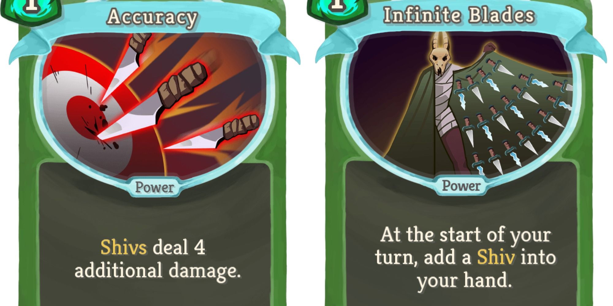 Split image showing the Accuracy and Infinite Blades cards in Slay the Spire