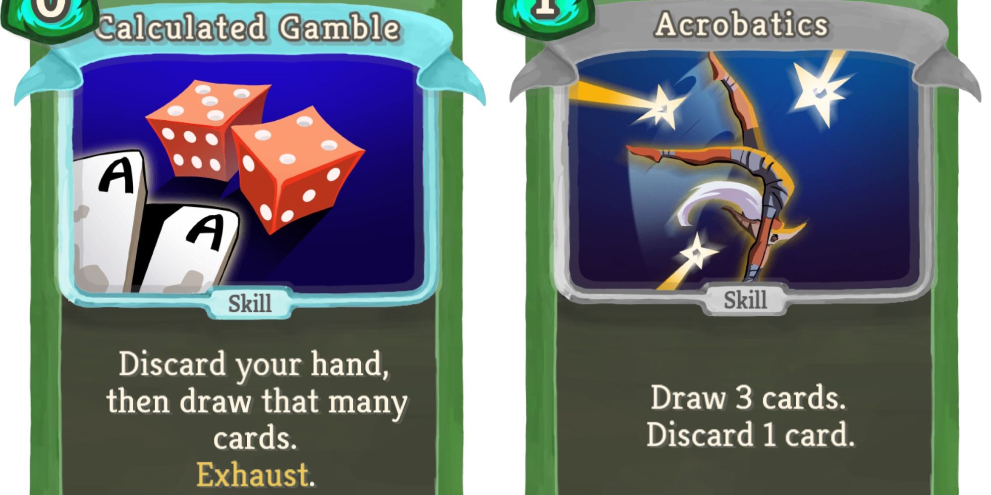 Split image showing the Calculated Gamble and Acrobatics cards in Slay the Spire