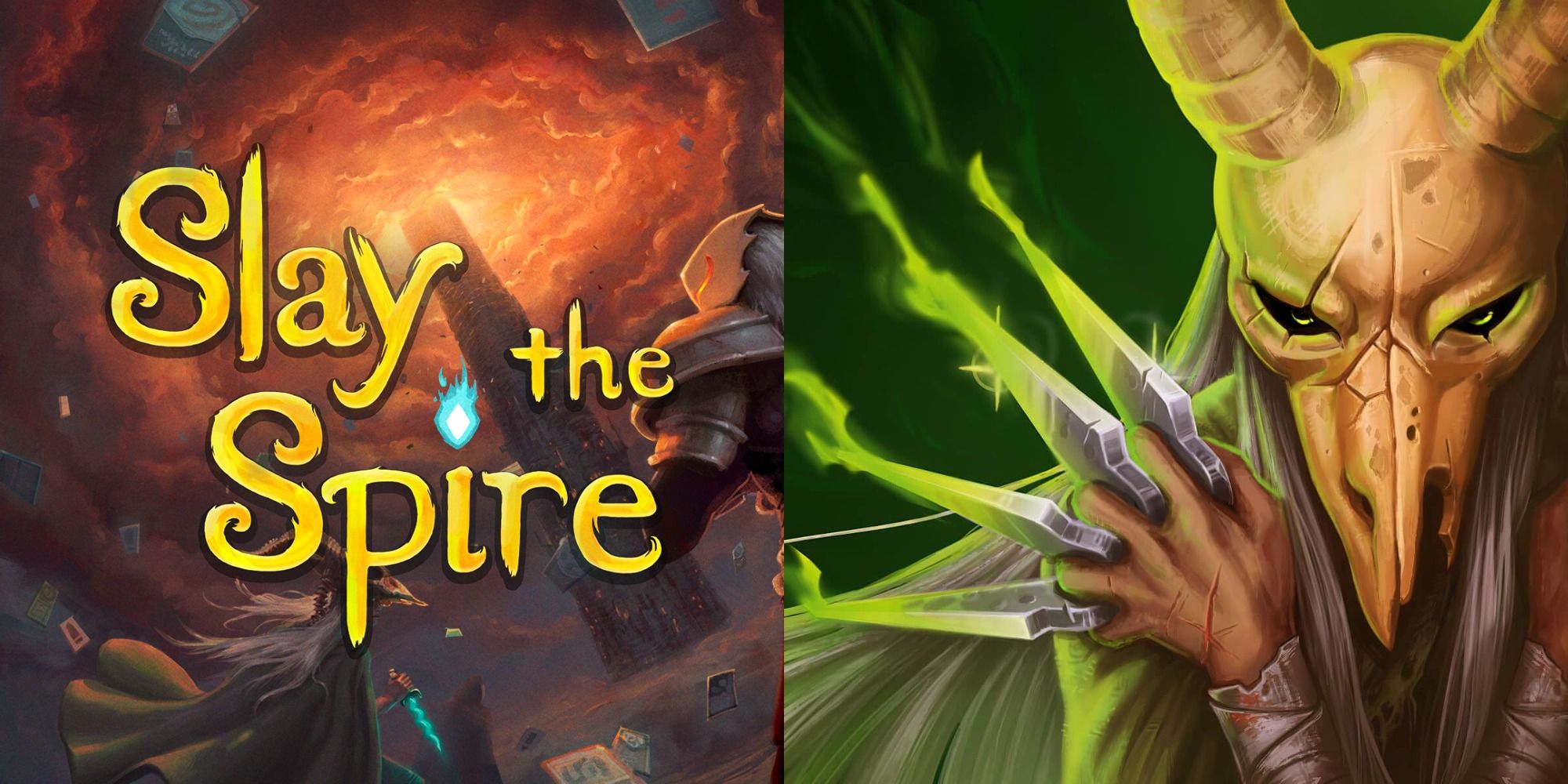Split image showing the logo to Slay the Spire and the Silent character.