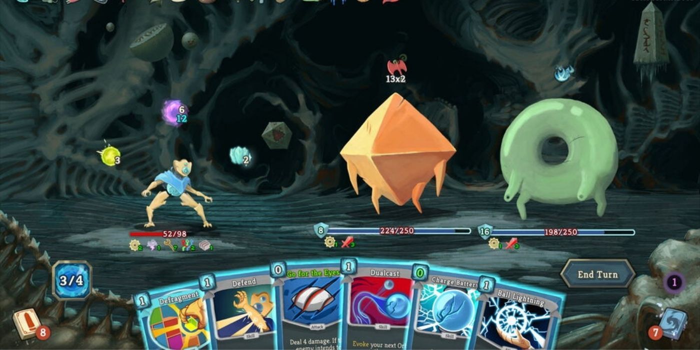 A player using the Defect in battle in Slay the Spire