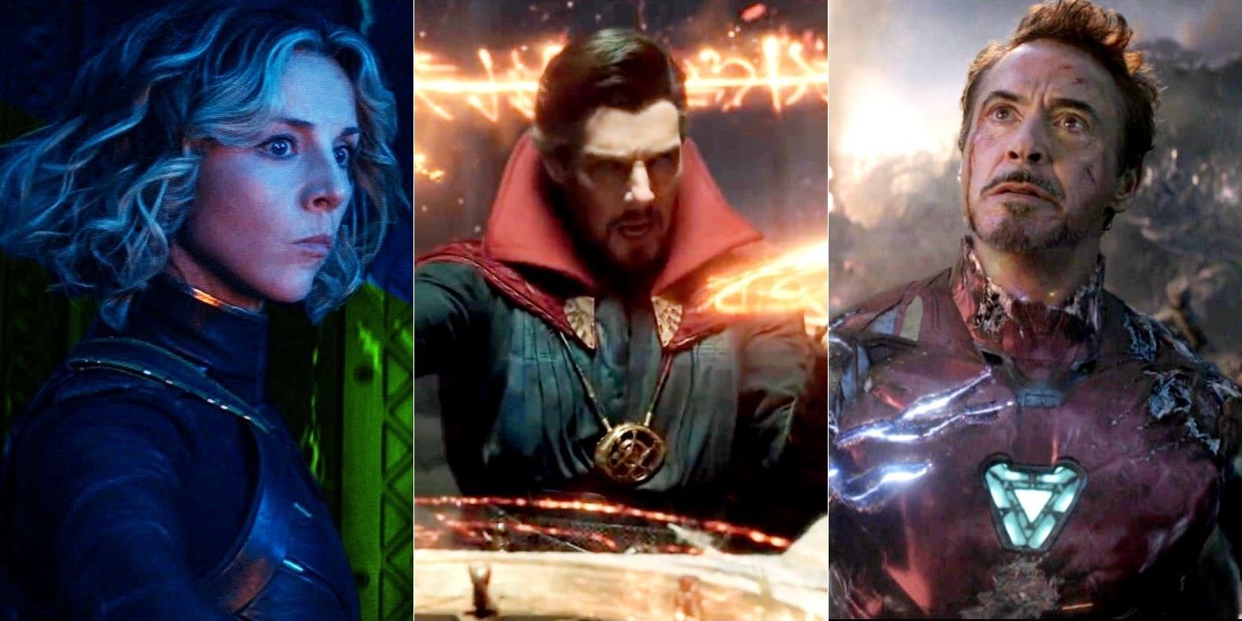 Sophia Di Martino as Sylvie in Loki, Benedict Cumberbatch as Doctor Strange in Spider-Man No Way Home, and Robert Downey Jr as Tony Stark Iron Man in Avengers Endgame