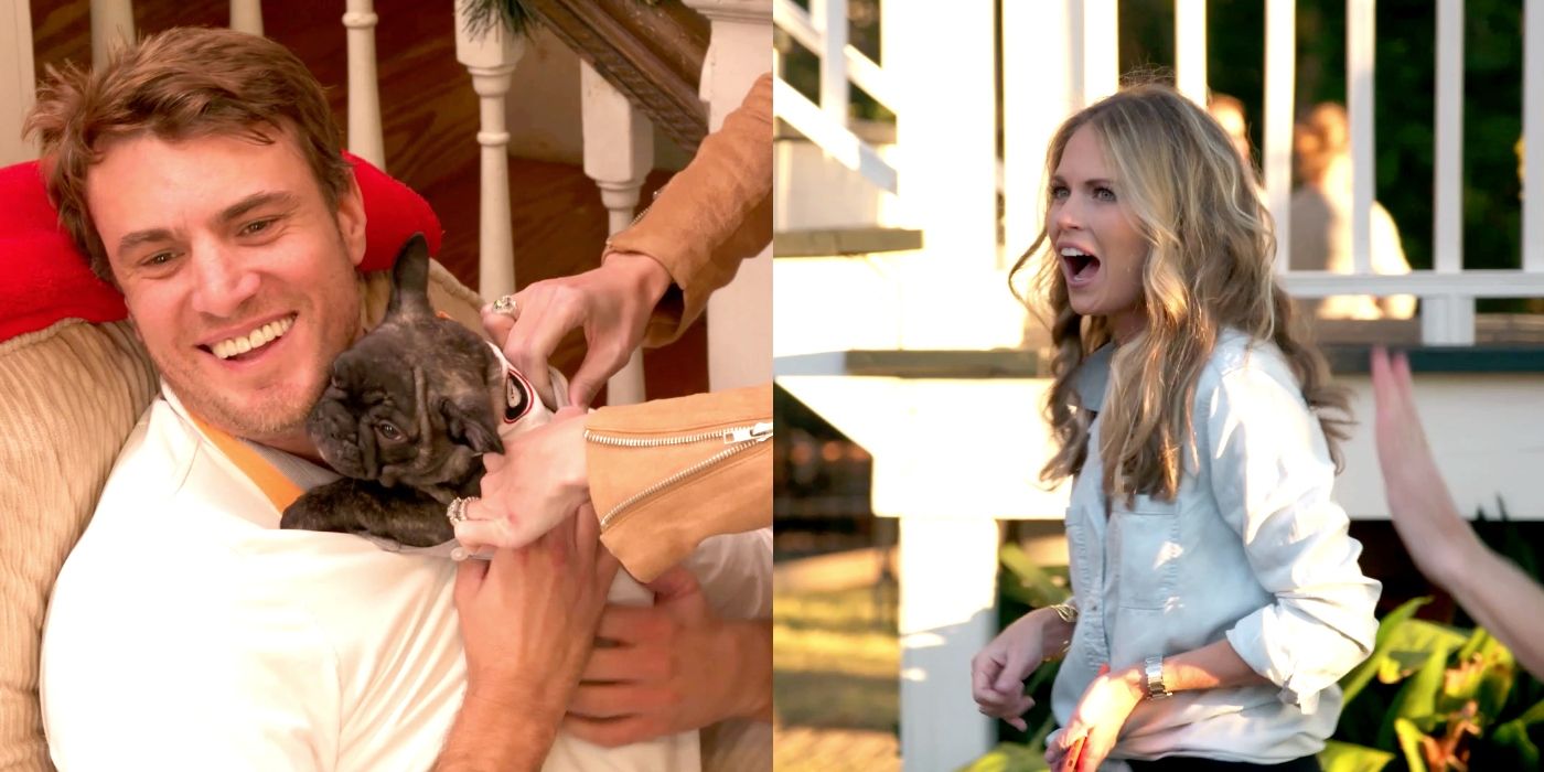 Split image of Shep with dog Craig and Cam laughing on Southern Charm