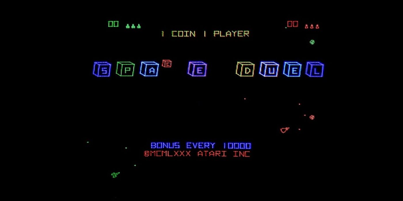 The title screen of the classic Atari arcade game Space Duel.