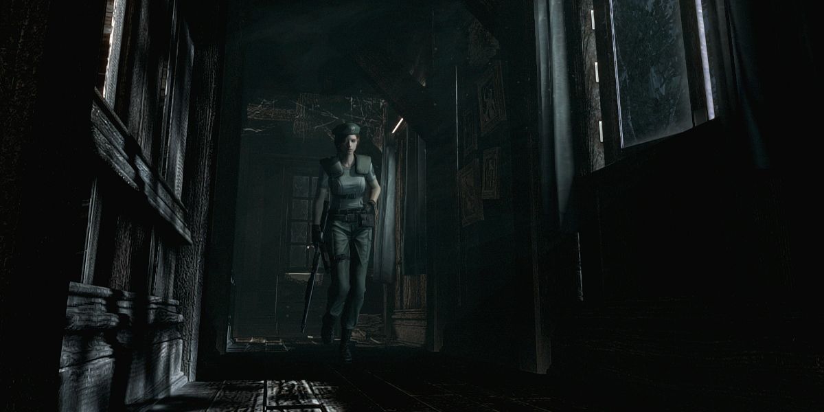 Jill explores the Spencer Mansion in Resident Evil.