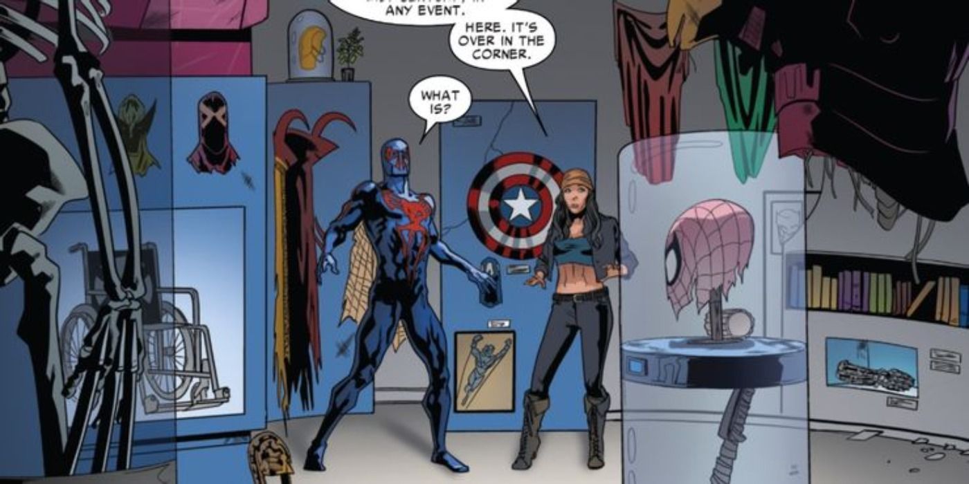 Spider-Man 2099 and Jeannie find trophies of past Marvel heroes in Marvel Comics.
