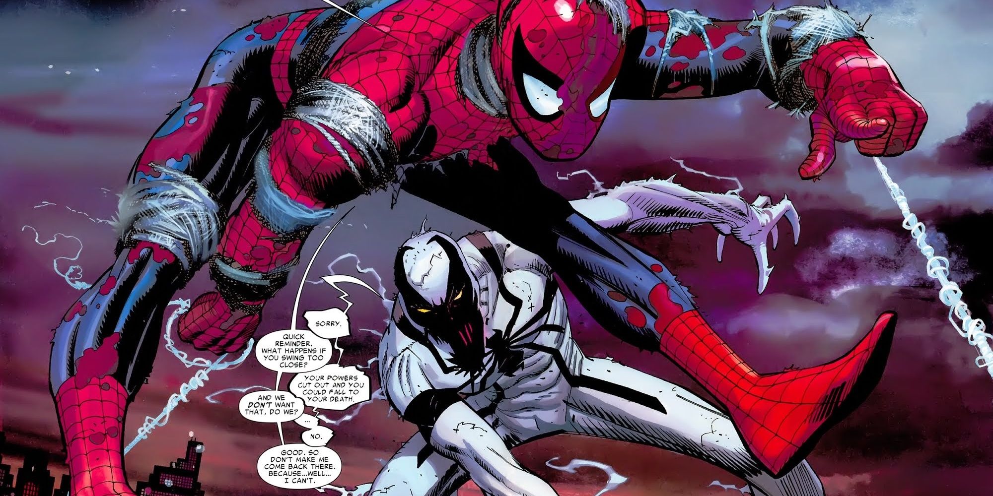 Spider-Man and Anti-Venom swinging in the air with webs in a comic book