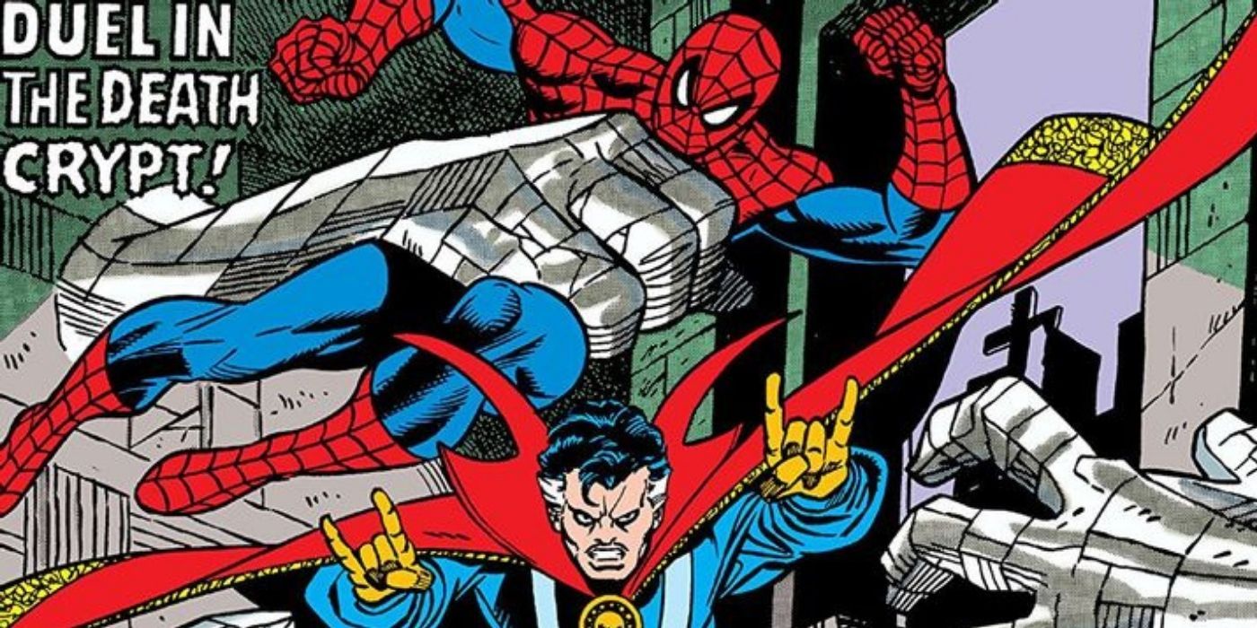 Spider-Man and Doctor Strange fighting off Wraith in a comic