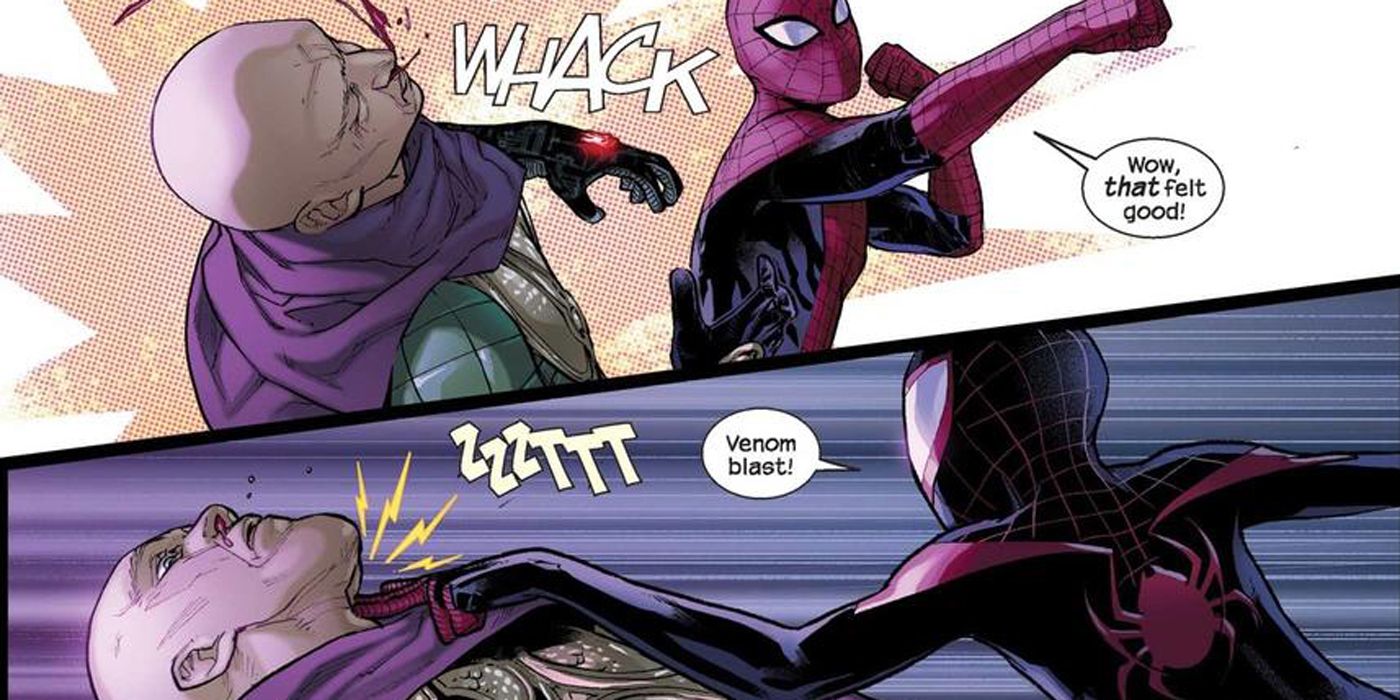 Spider-Man and Miles Morales fighting Mysterio.