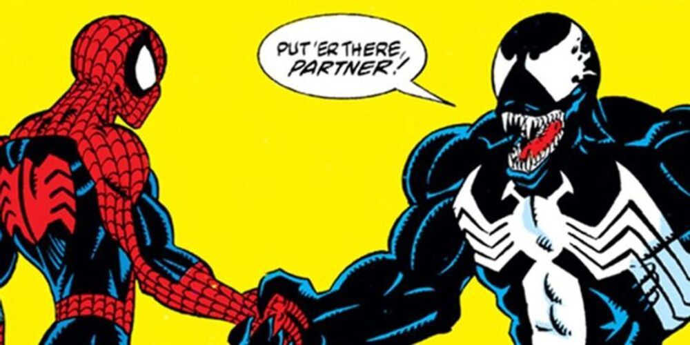 Eddie Brock shakes Spider-Man's hand in Marvel Comics.