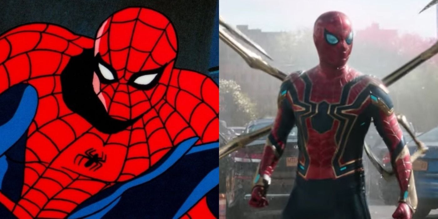 A split image of the Animated Spider-Man and Spider-Man in the Iron Spider suit