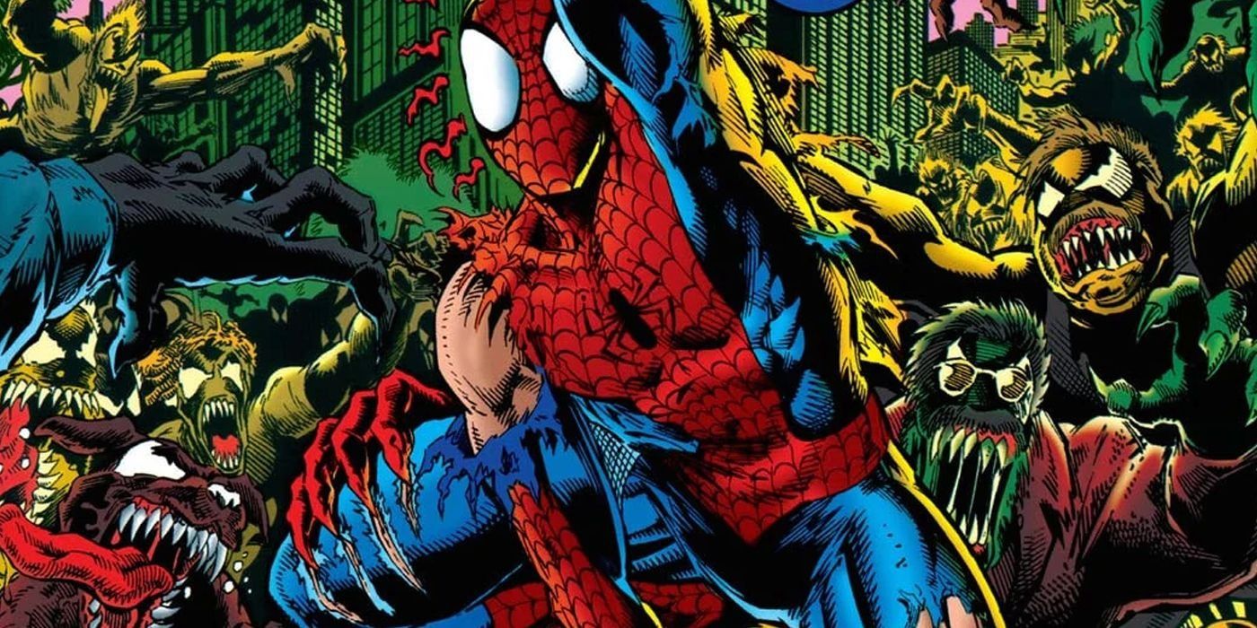 Spider-Man runs for his life in Planet Of The Symbiotes comic book.
