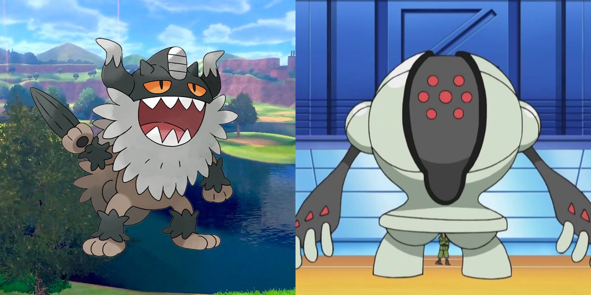 Split image of Perrserker and Registeel