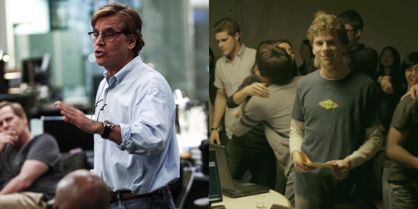 Split image of Aaron Sorkin directing The Newsroom and Mark Zuckerberg in The Social Network