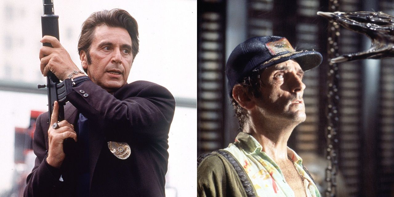 Split image of Al Pacino in Heat and Harry Dean Stanton in Alien