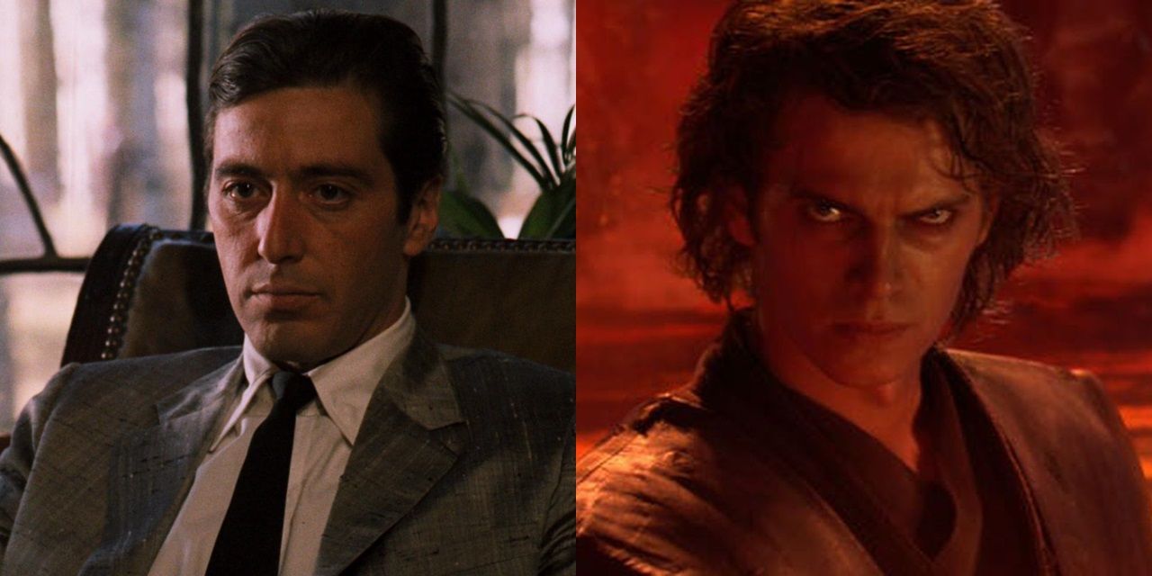 Split image of Al Pacino in The Godfather and Anakin Skywalker in Revenge of the Sith