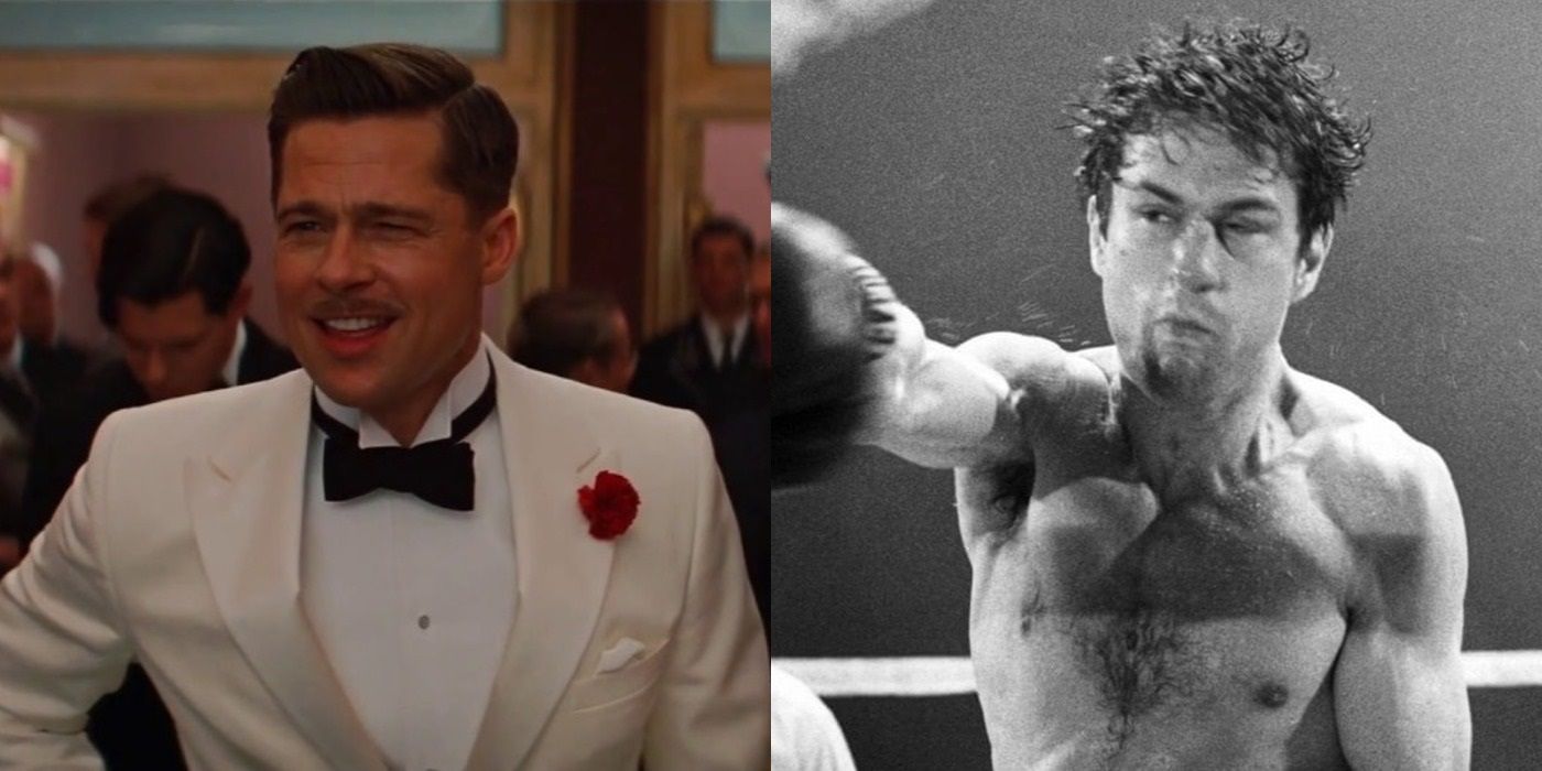 Split image of Aldo Raine in the movie theatre in Inglourious Basterds and Jake LaMotta boxing in Raging Bull