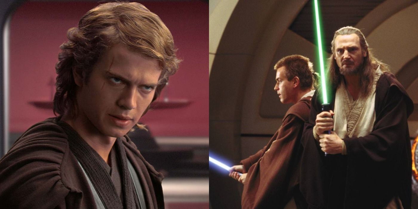 Split image of Anakin Skywalker and Obi-Wan &amp; Qui-Gon in the Star Wars prequel trilogy