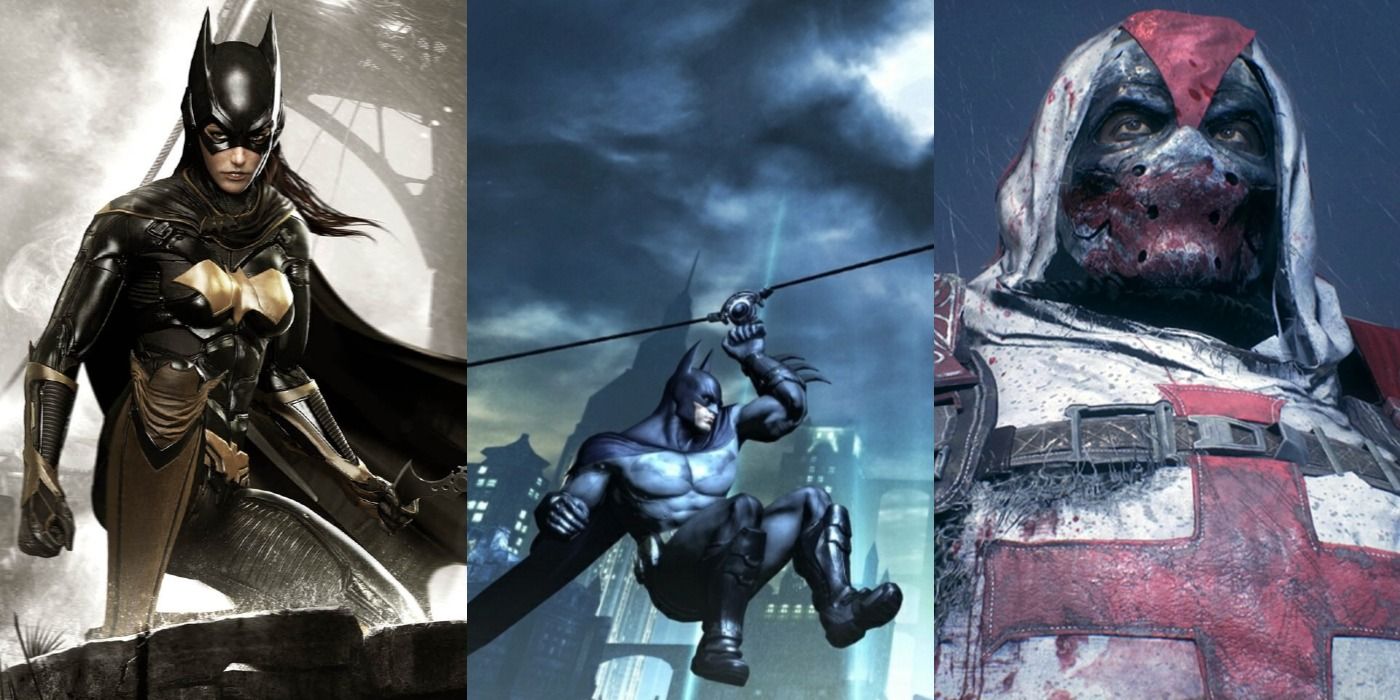 Split image of Batgirl, Batman and Azrael in the Arkham games