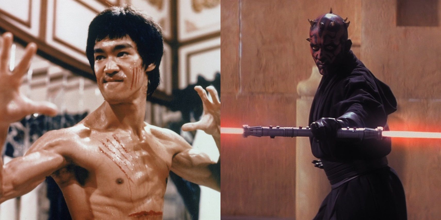Split image of Bruce Lee in Enter the Dragon and Darth Maul in The Phantom Menace