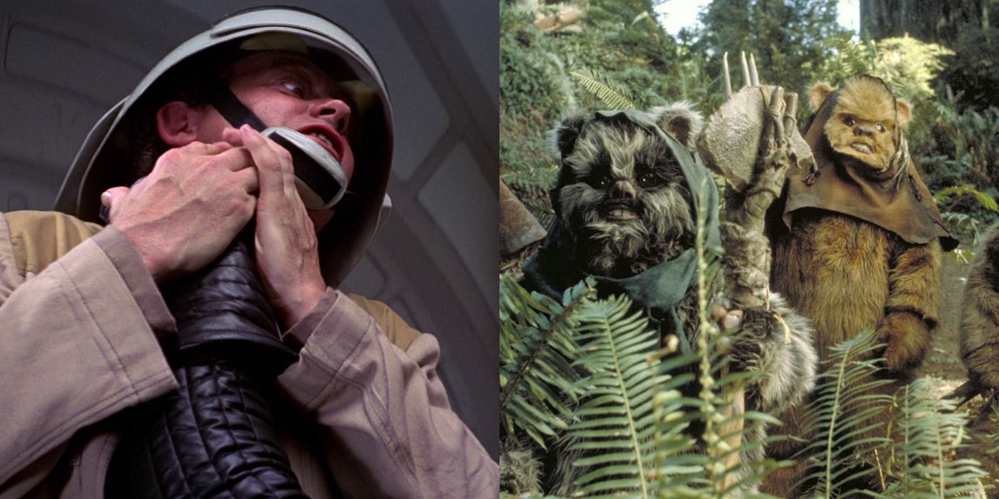 Split image of Captain Antilles' death and the Ewoks in Return of the Jedi