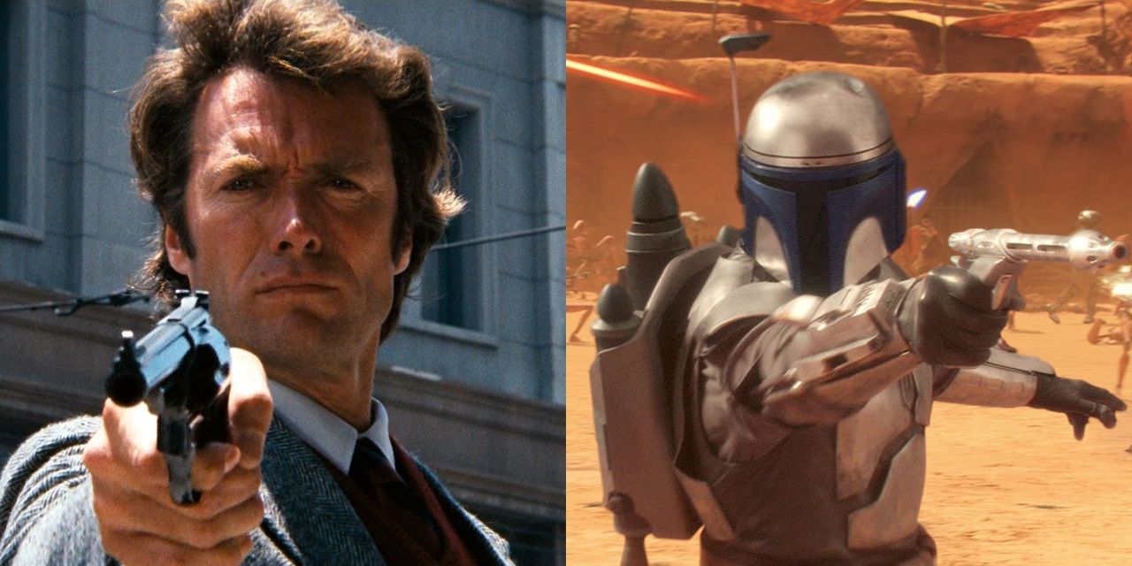 Split image of Clint Eastwood in Dirty Harry and Jango Fett in Attack of the Clones