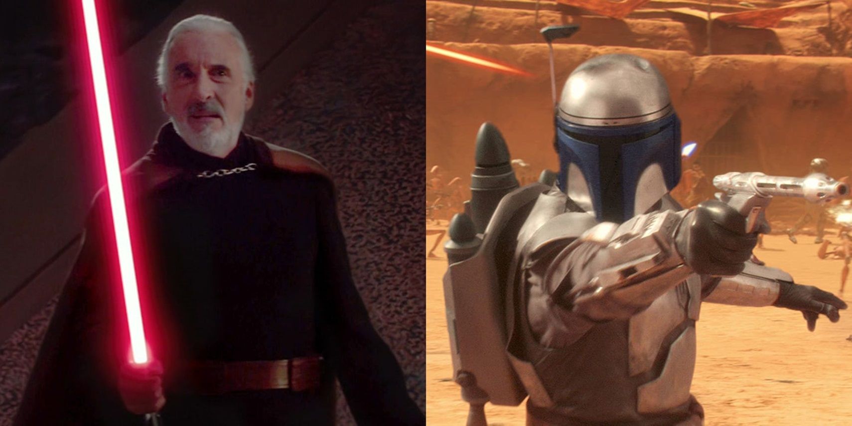 Split image of Count Dooku holding his lightsaber and Jango Fett aiming his blaster in Attack of the Clones
