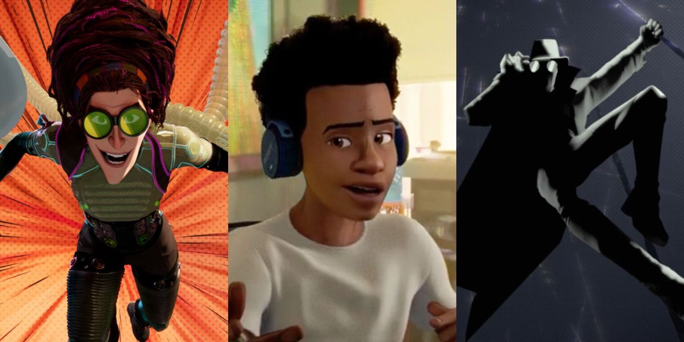 Split image of Doc Ock, Miles, and Noir in Spider-Man Into the Spider-Verse