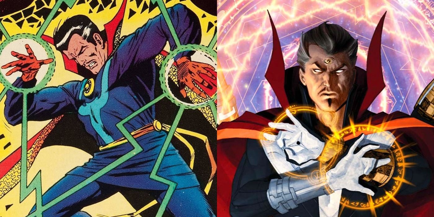 Split image of Doctor Strange using energy bolts and third eye in Marvel Comics.