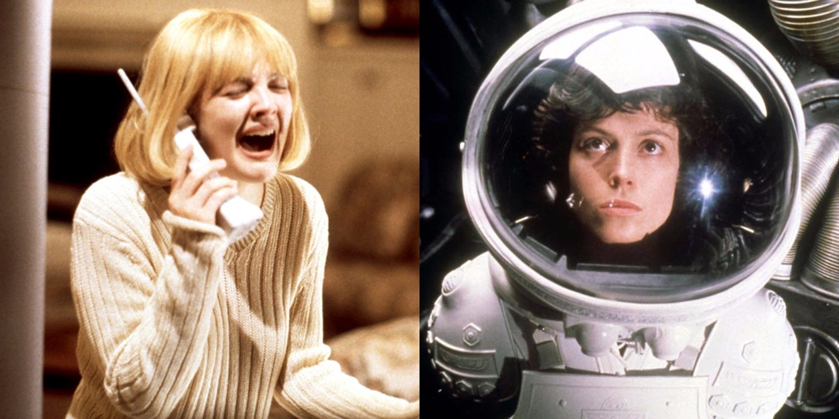 Split image of Drew Barrymore in Scream and Sigourney Weaver in Alien