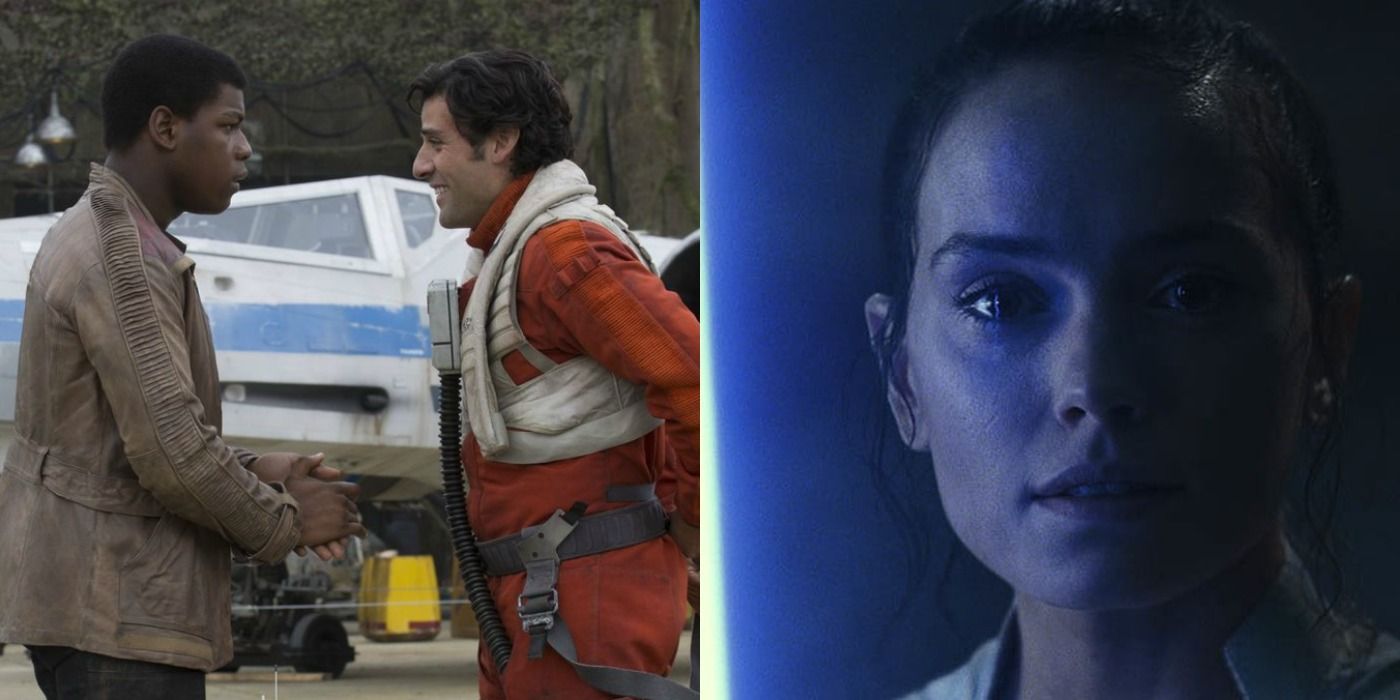 Split image of Finn & Poe and Rey in the Star Wars sequel trilogy