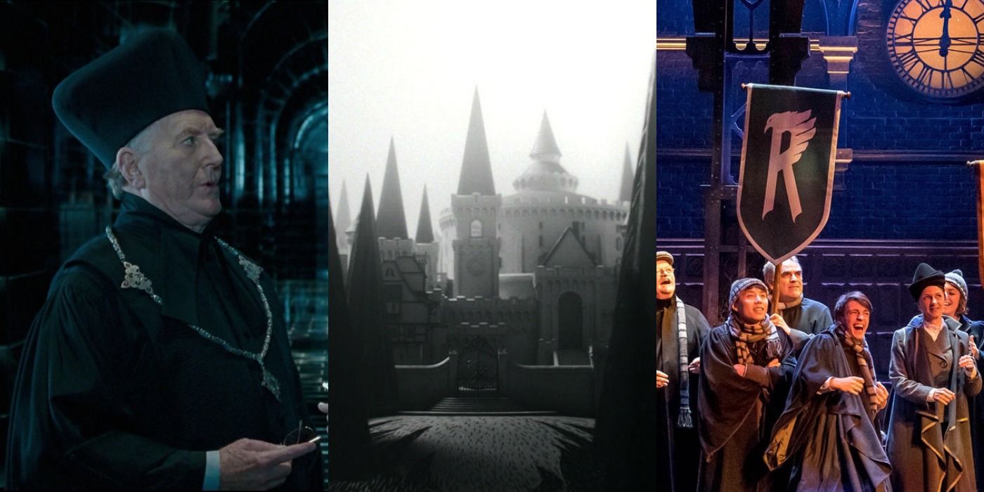 Split image of Fudge, Ilvermorny, and Harry Potter & the Cursed Child.