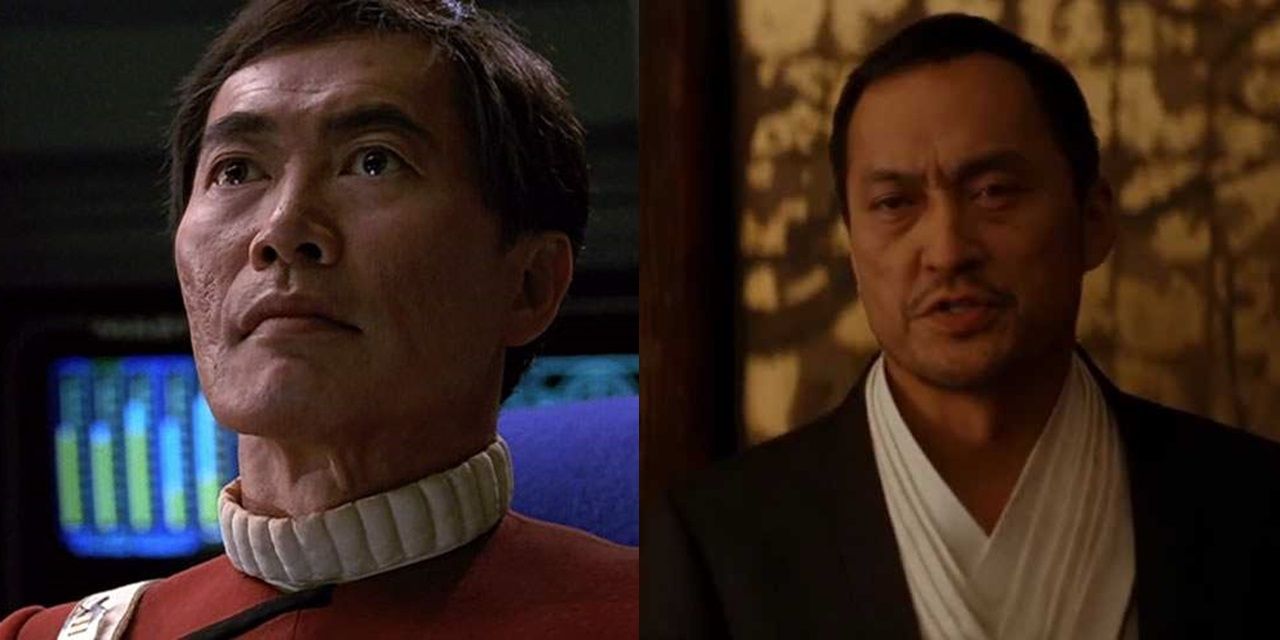 Split image of George Takei in Star Trek and Ken Watanbe in Inception