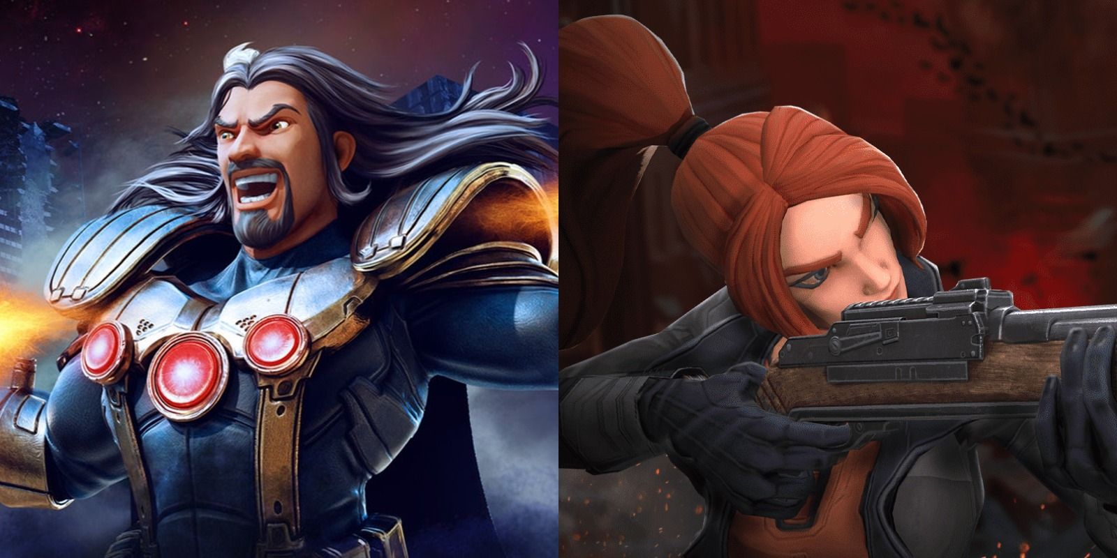 Split image of Graviton and Elsa Bloodstone in Marvel Strike Force