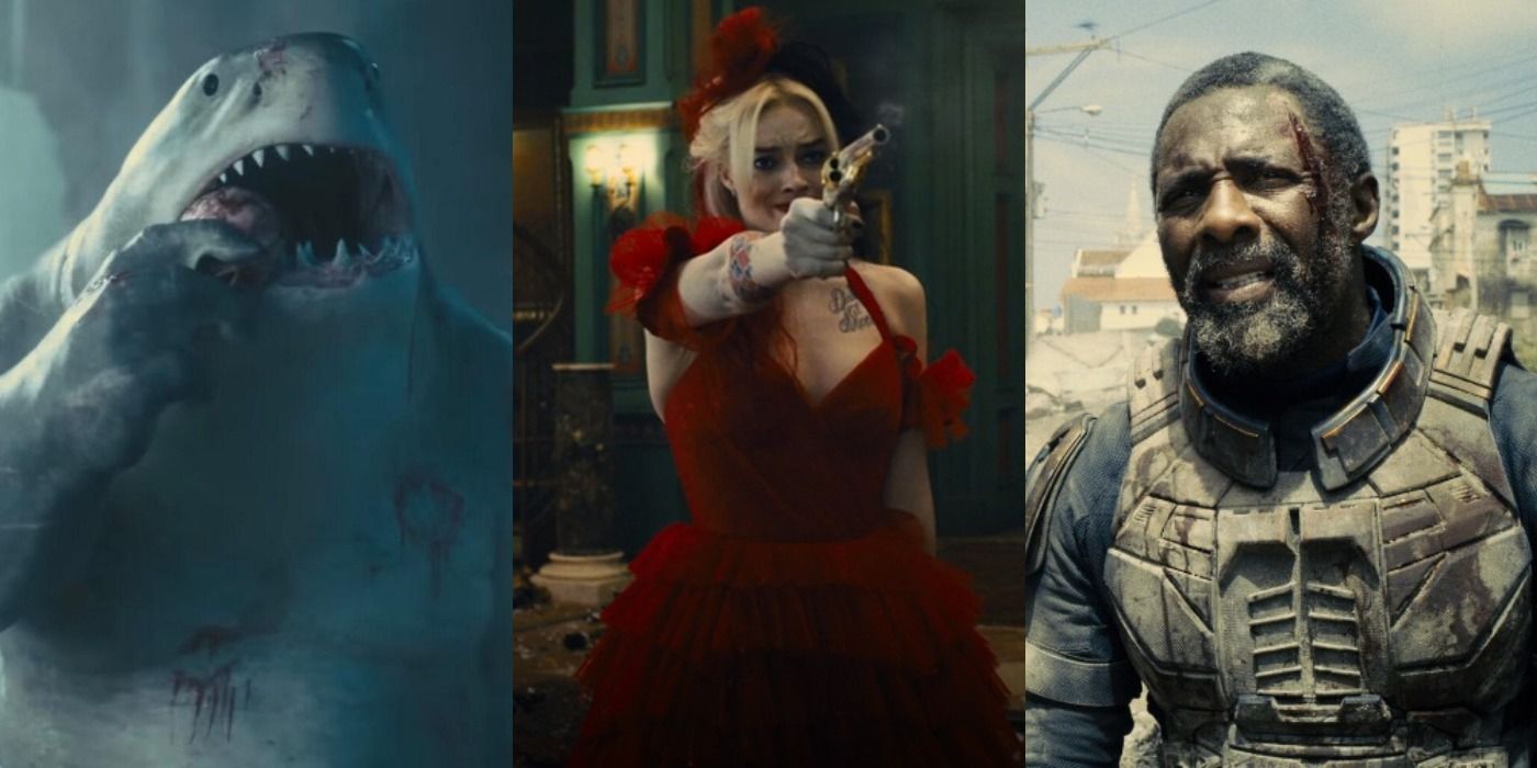Split image of King Shark, Harley Quinn and Bloodsport in The Suicide Squad