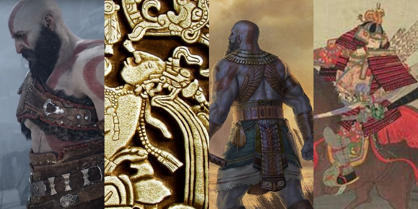 Split image of Kratos, a Mayan sculpture, Kratos in Egypt and a Japanese painting